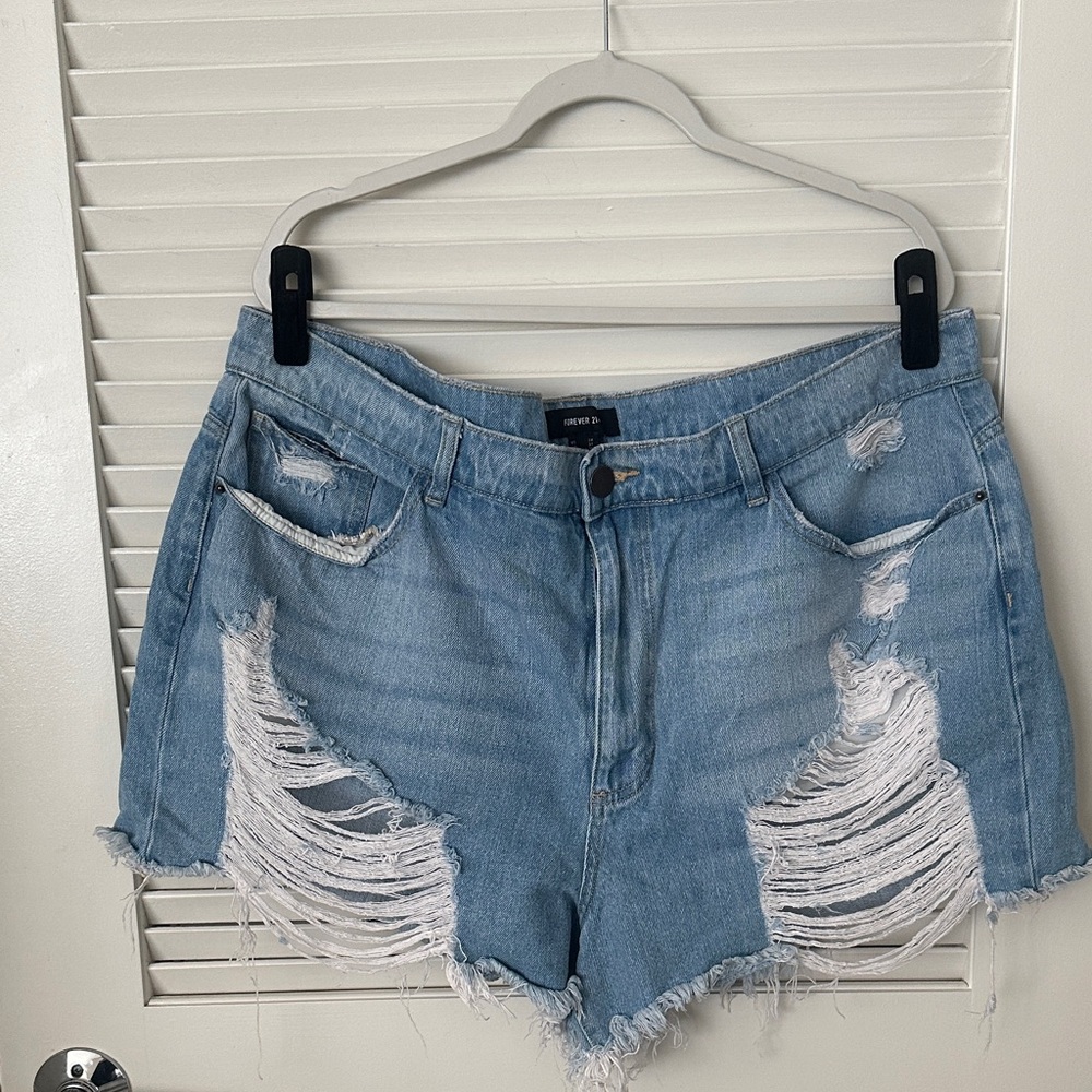 Forever 21 Ripped Light Blue Jean Shorts